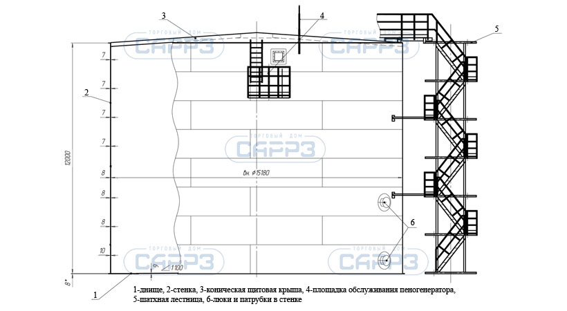 Чертеж конструкции вертикального резервуара для нефтепродуктов объемом 2000 м3